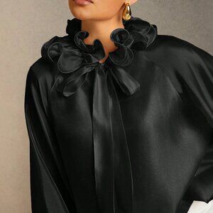 Black Elegant Women's Ruffled Tie Neck Work Wear Long Sleeve Blouse